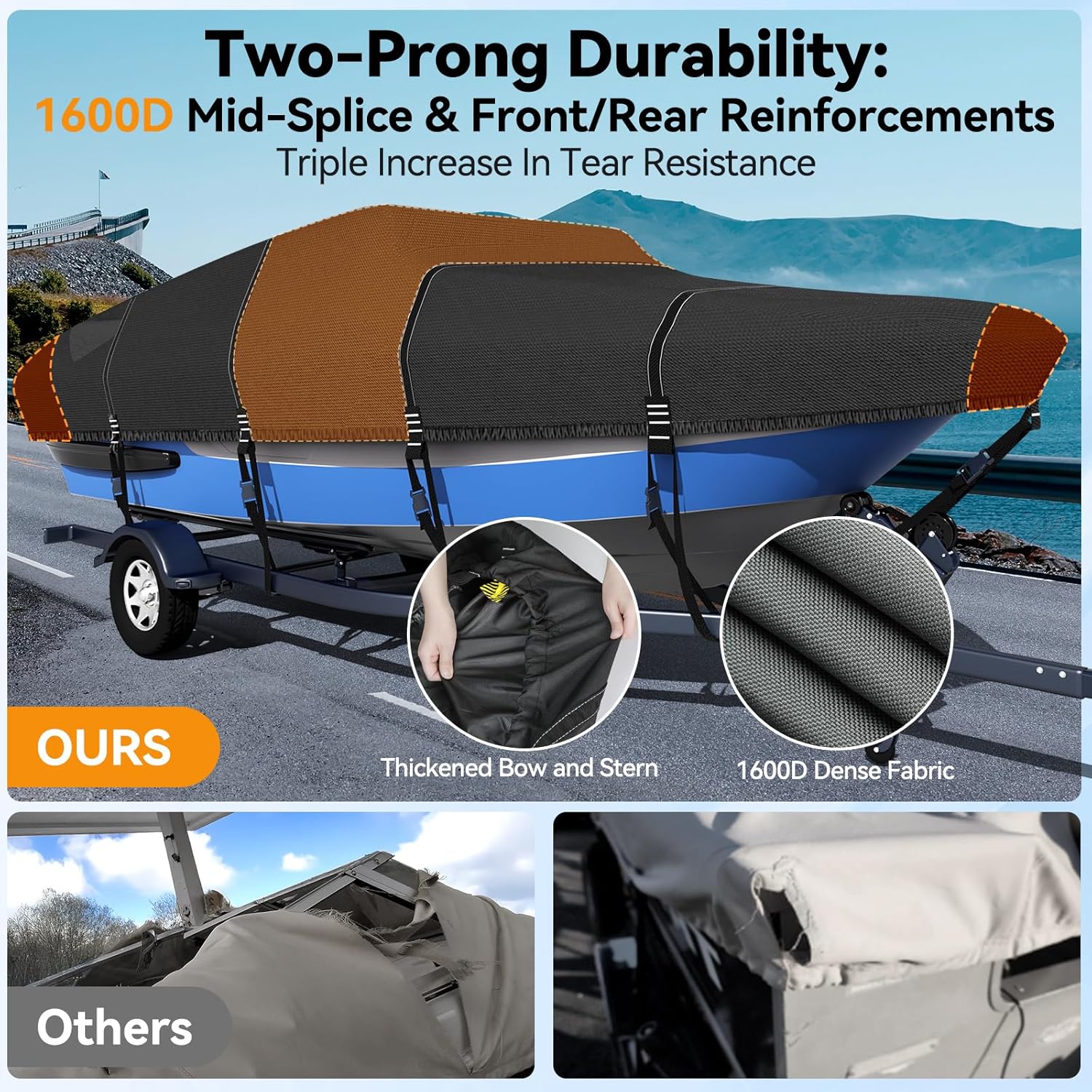 1600D+1200D V-Hull Boat Cover with 2" Wide Loops,16-18.5ft | Durable Waterproof Cover for Trailering & Mooring Fits
