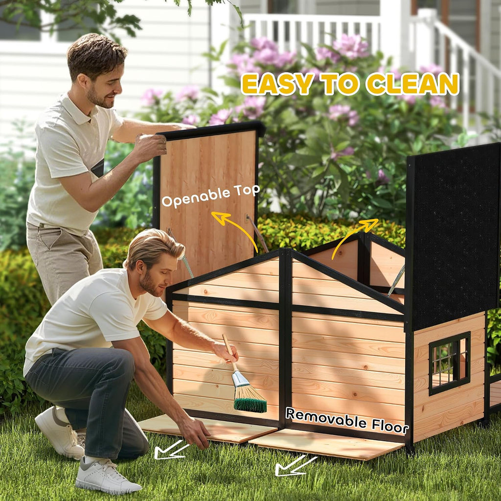 Dog House Outdoor, Wooden Dog Kennel Weatherproof with Porch, Openable Roof, Removable Bottom, Elevated Floor, Double