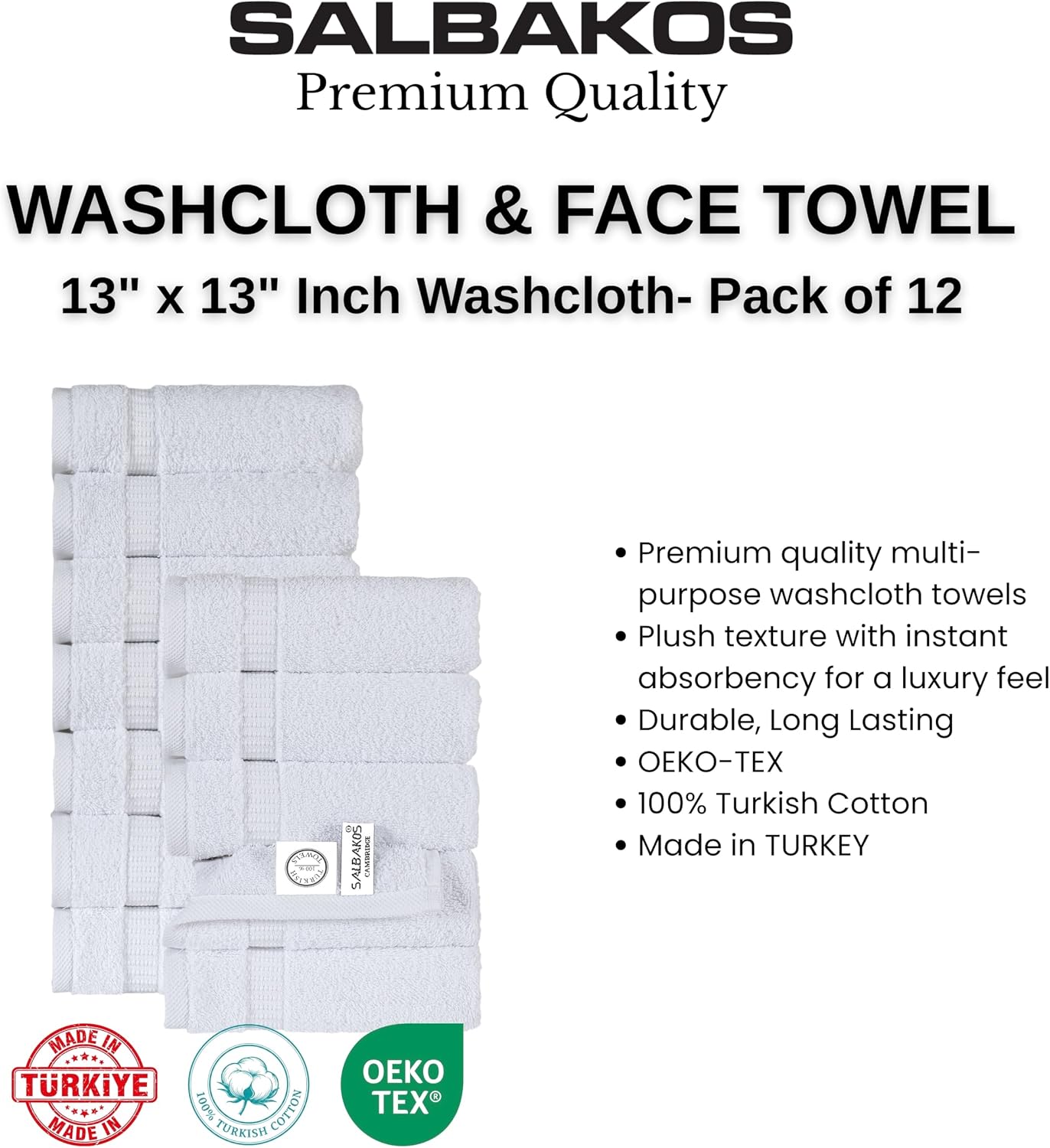 12-Piece 100% Turkish Cotton Washcloths and Face Towels, White | 13x13 in Standard Size Small Towel, Multi-use