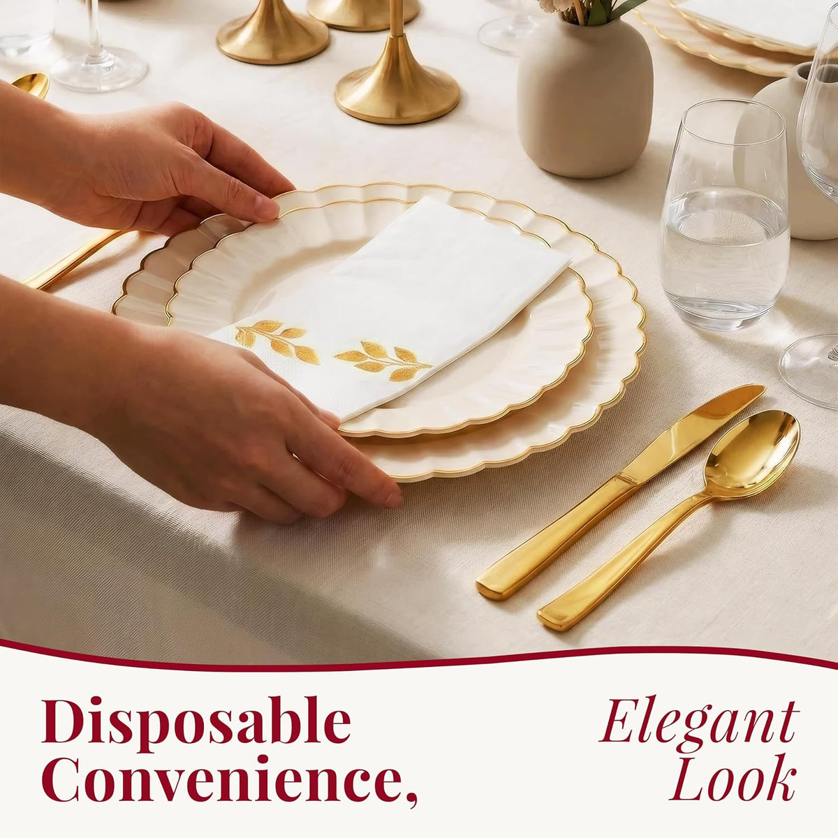 HEAVYWEIGHT Gold Scalloped Disposable Dinnerware Set 175 Pc