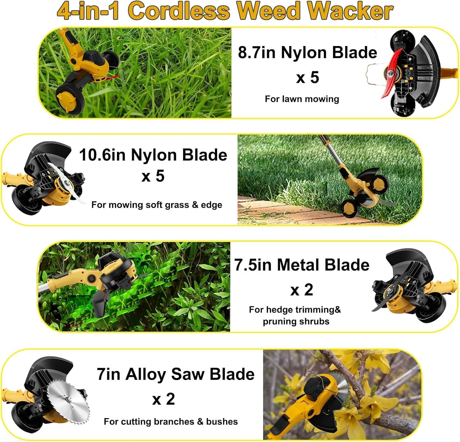 12" Weed Wacker Cordless for Dewalt 20V Max Battery, Electric Weed Eater | Battery Powered Brush Cutter 4 in 1