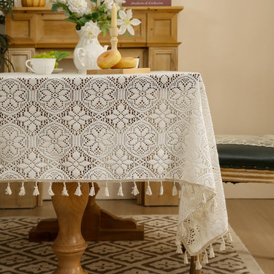 Boho Linen Tablecloth 86 Inch Beige Handmade Crochet Tablecloth Rectangle Floral Design Tablecloth with Tassels