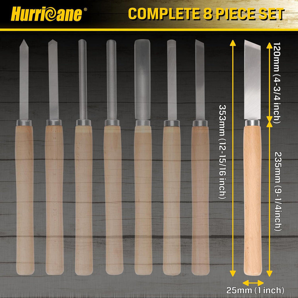 8pc Wood Lathe Turning Tool Set, Wood Turning Chisel Set for Woodworking. 2 Skew 1 Spear Point 1 Parting 1 Round Nose