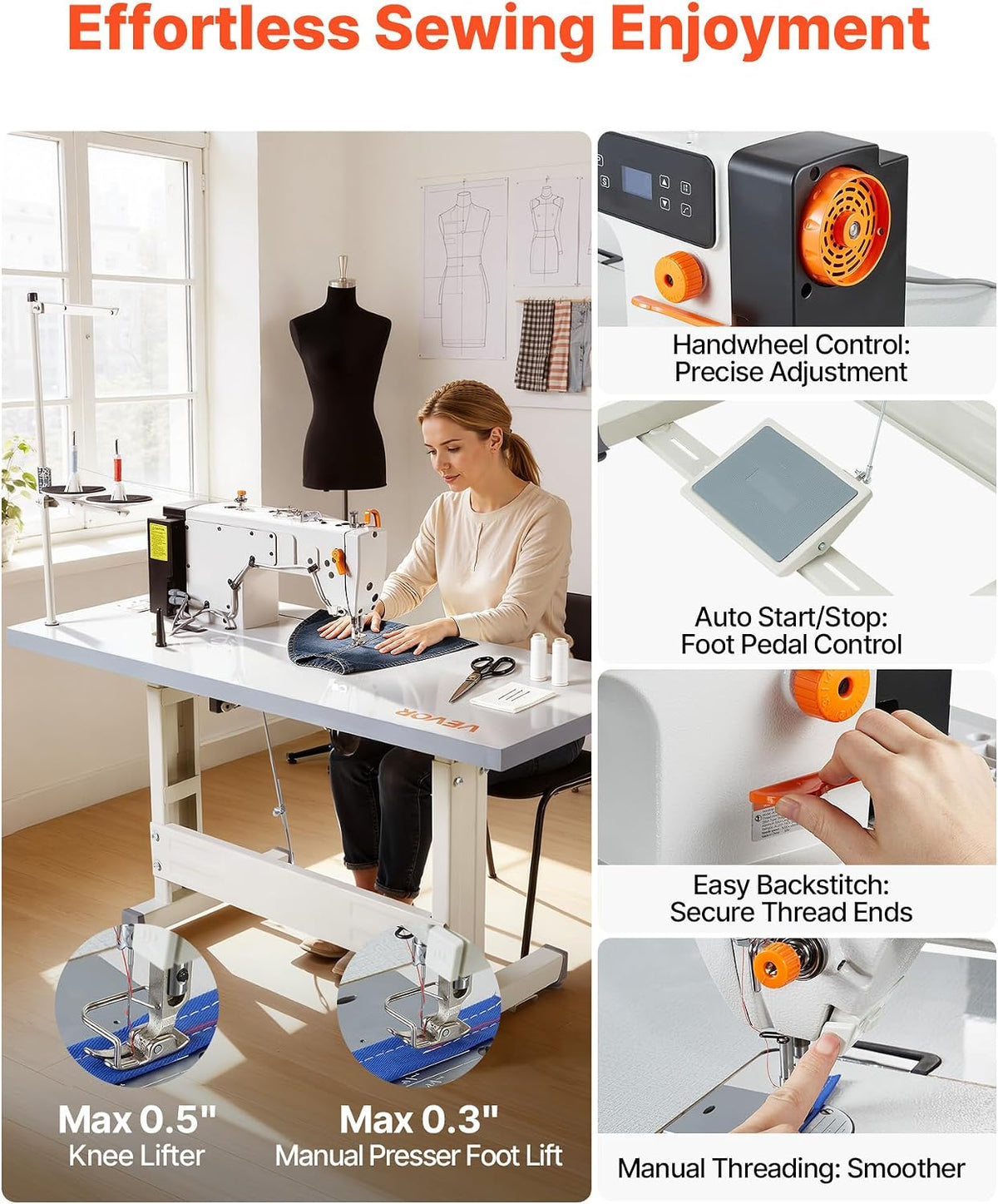 Industrial Lockstitch Sewing Machine, 550W Commercial Set with Servo Motor & Table Stand, 5000 SPM High Speed, Metal