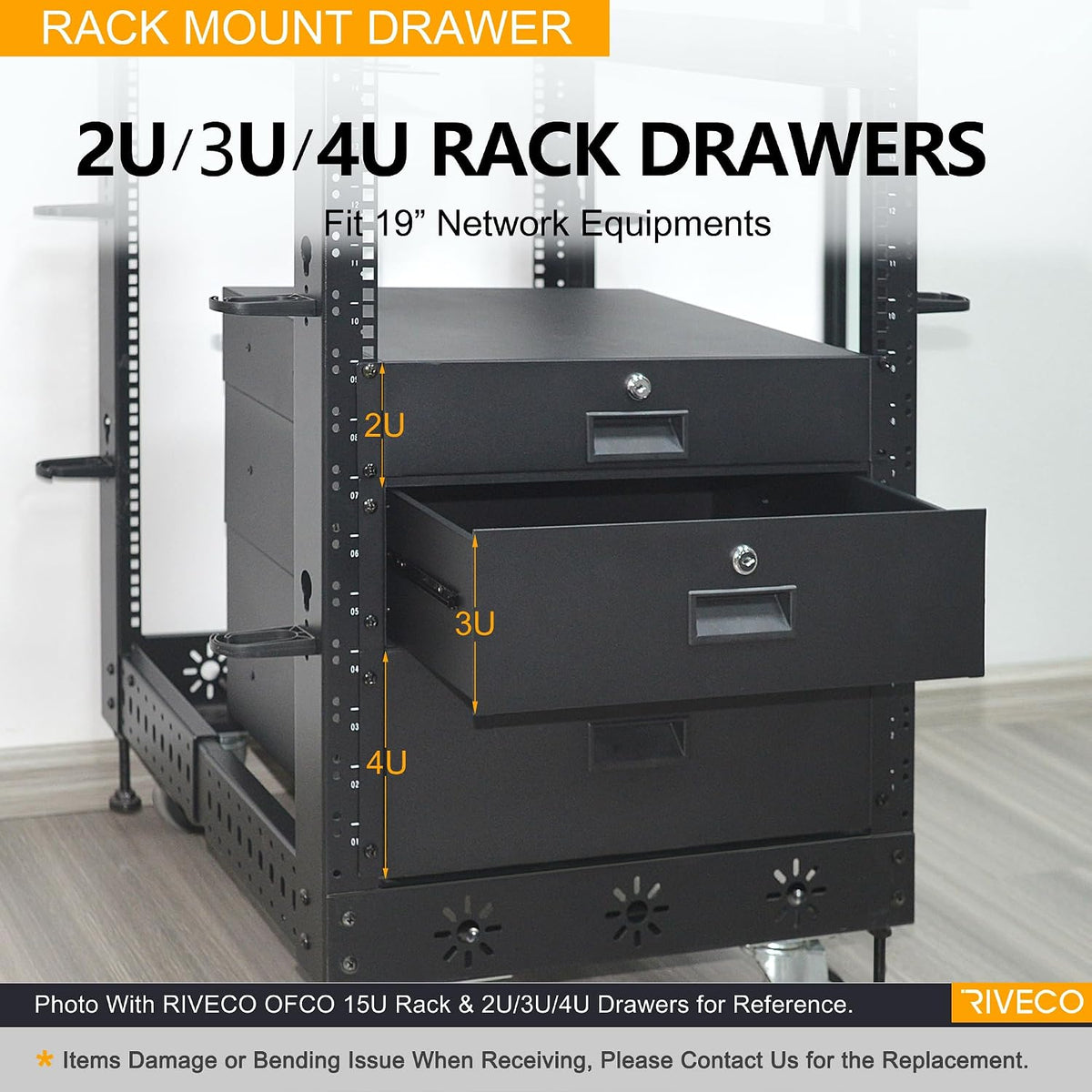 RIVECO 2U Rack Drawer Rack Mount Drawer for 19” Network Equipment & Server Rack Cabinet Lockable Deep Drawer with Key Black