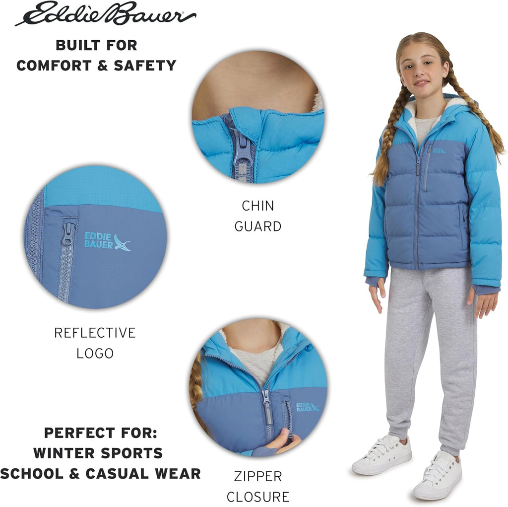Eddie Bauer Girls' Classic Heavyweight Faux Fur Lined Hooded Insulated Down Jacket