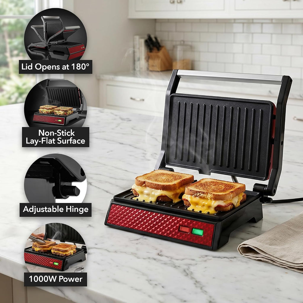 Electric Indoor Panini Press Grill + Sandwich Maker, Red GP0620R