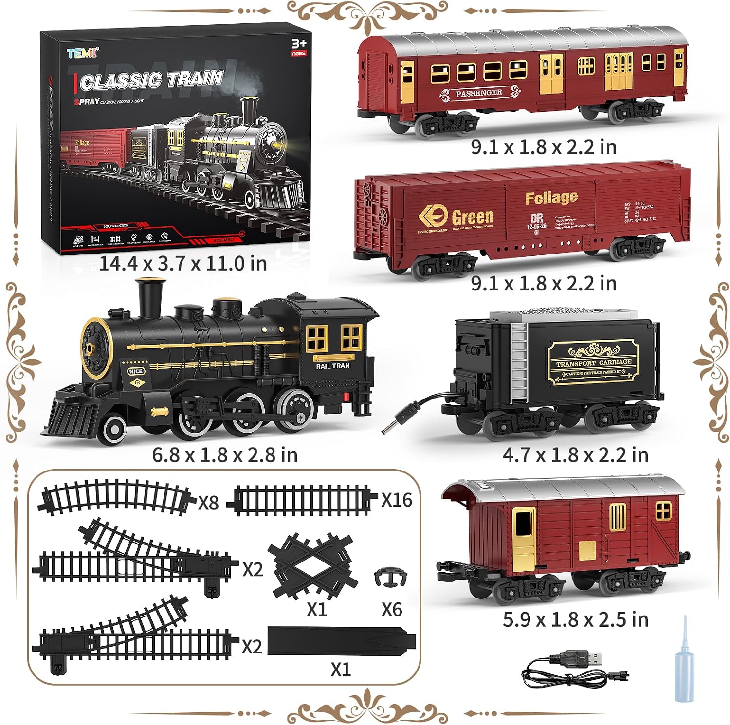 Train Set for Kids 3-12 Years, Electric Classical Steam Engine Locomotive with Steam, Light and Sounds, Rechargeable