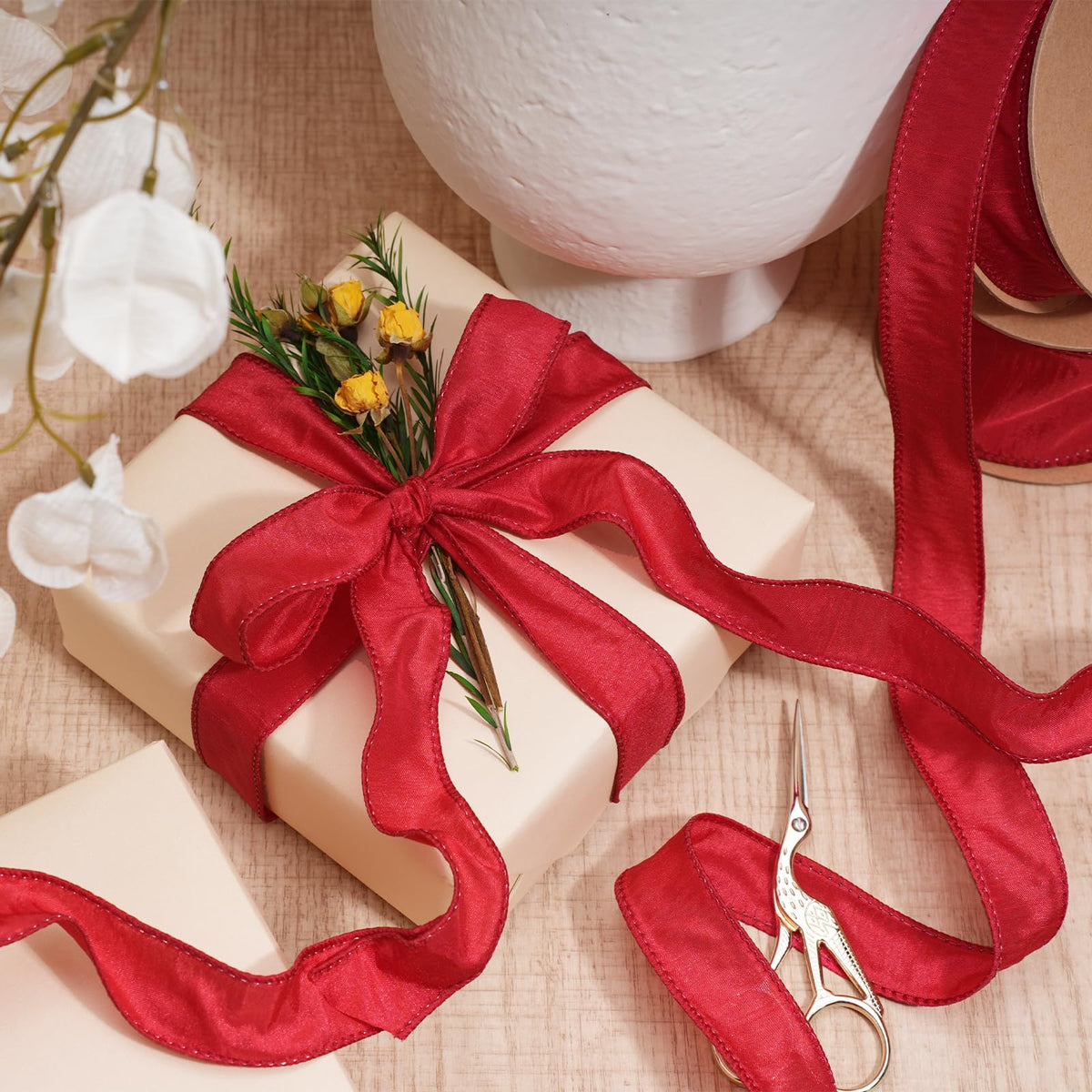 Red Ribbon Wired Christmas Dupioni, 1" x 10 Yards