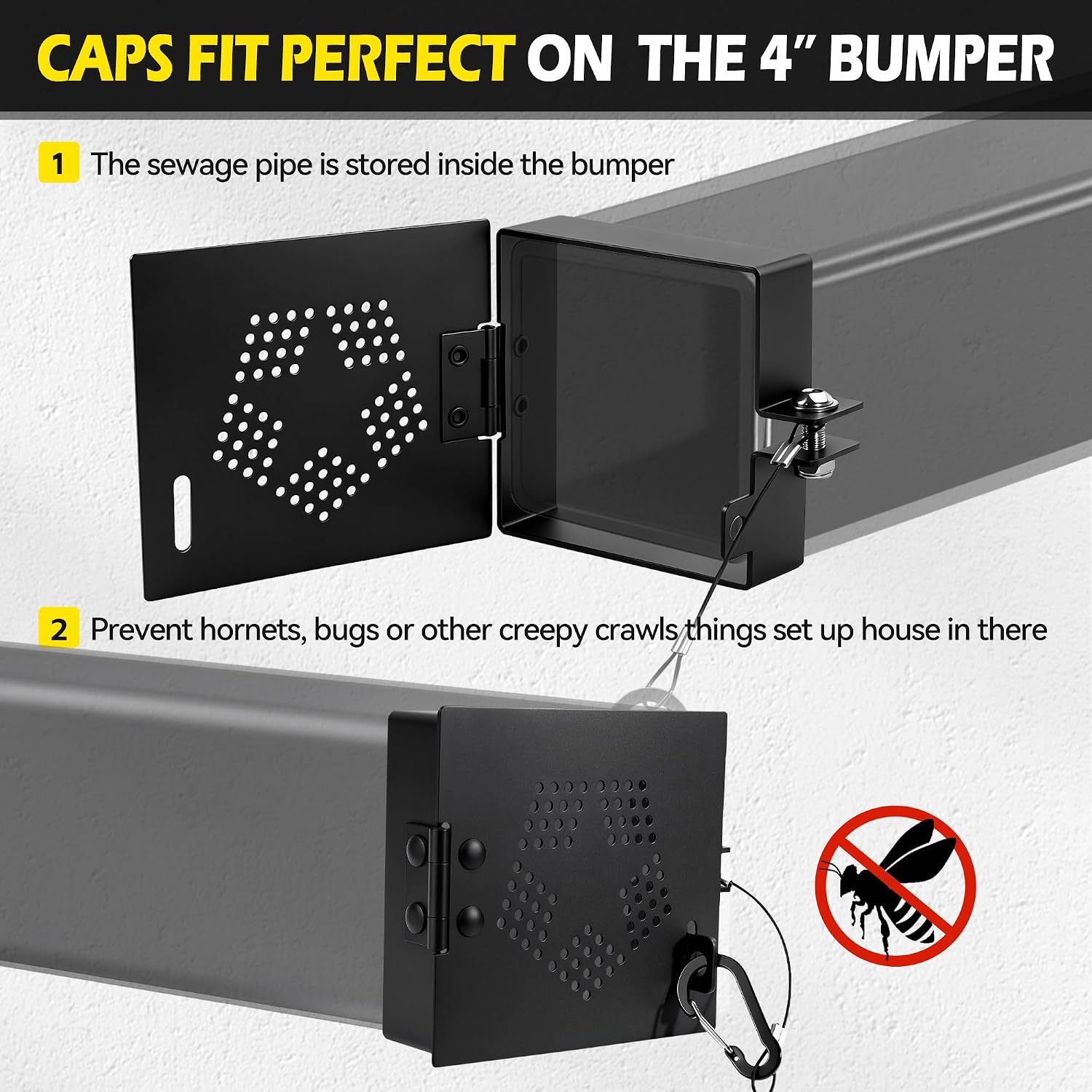 Aluminum RV Bumper End Cap - 2PCS Camper Bumper End Caps Fits for 4" Square Travel Trailer Bumpers, Secure Sewer Hose