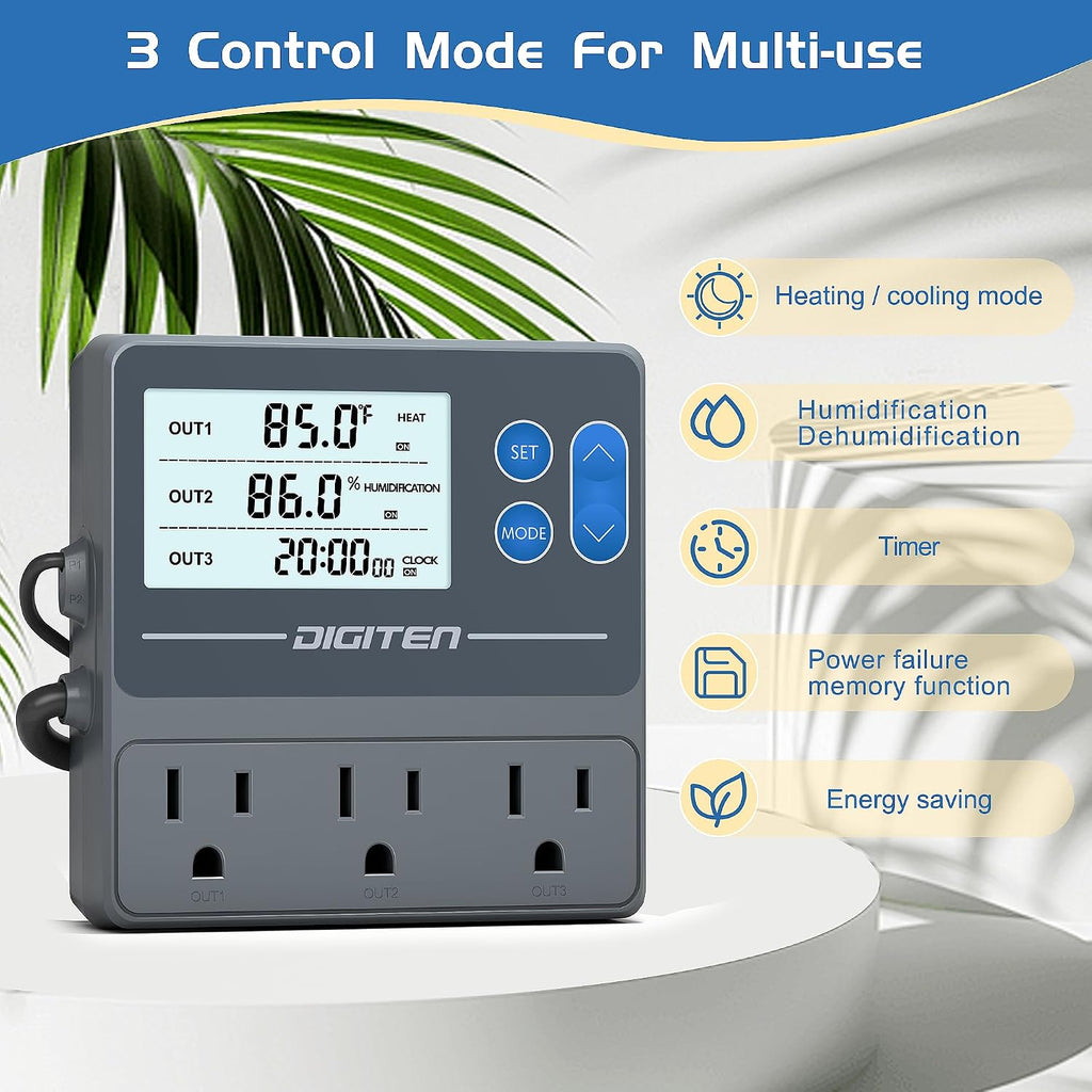 Digital Temperature Humidity Controller Pre-Wired Outlets for Mushroom, Reptile, Heating/Cooling On Outlet 1
