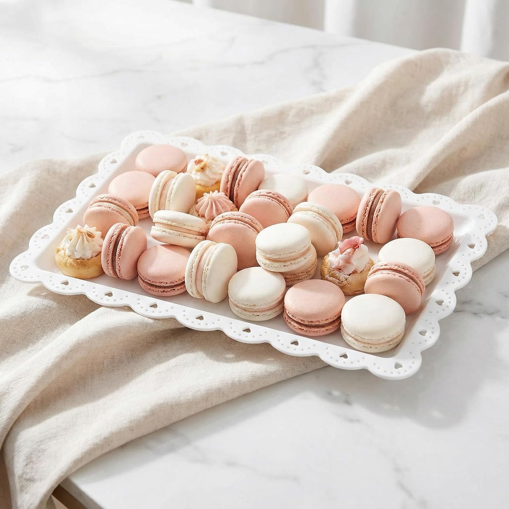 12 Pack White Plastic Serving Tray with Lace Rim, Rectangle Food Trays, Disposable Serving Platters and Trays for