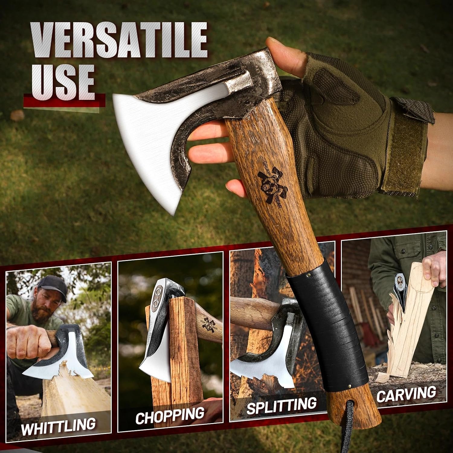 13" Camping Hatchet, Survival Axe with Sheath, High Carbon Steel and Wood Handle, Anti-Slip Grip – Ideal for