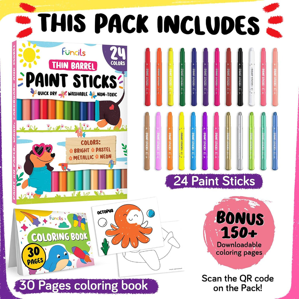 24 Thin Washable Paint Sticks for Kids, Painting Crayons w/Coloring Book