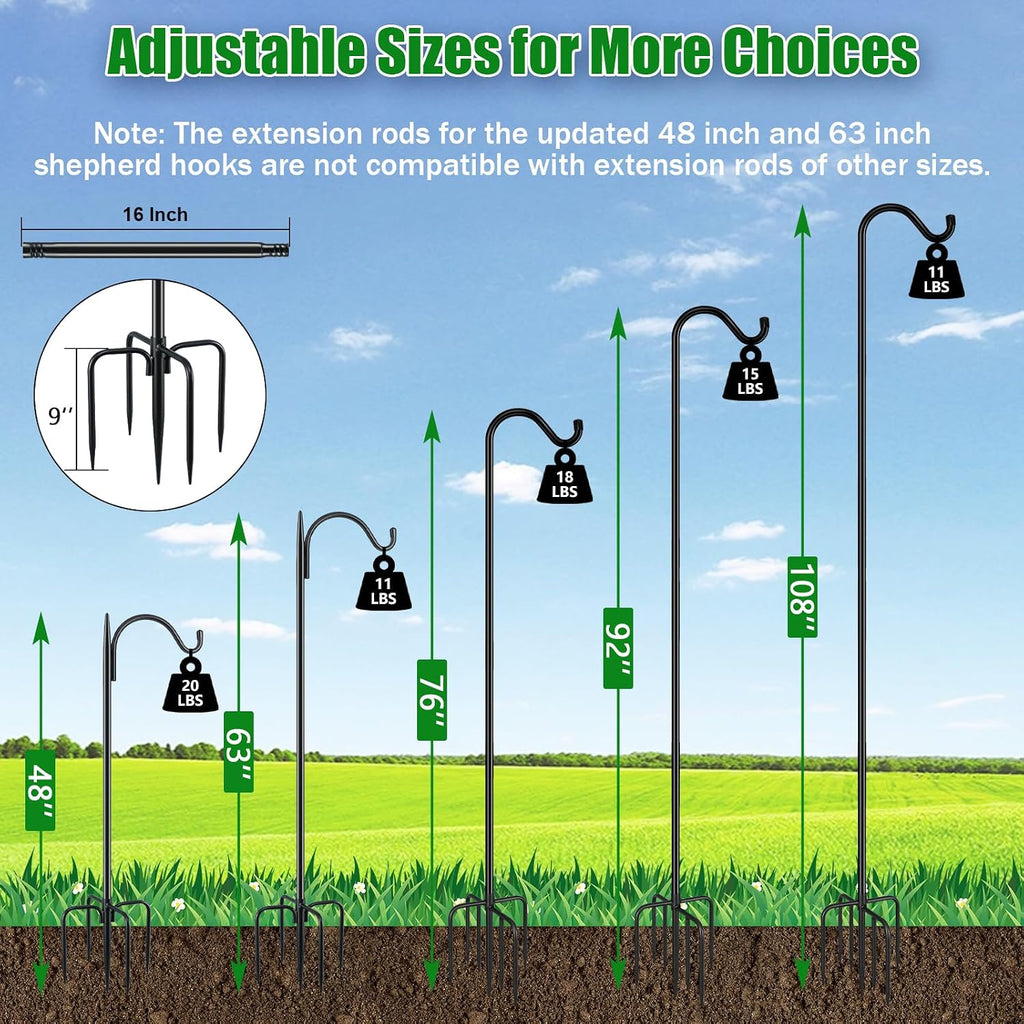 76'' Bird Feeder Pole, Heavy Duty Shepherds Hooks for Outdoor with 7-Prong Base, Adjustable Shepherds Hook for
