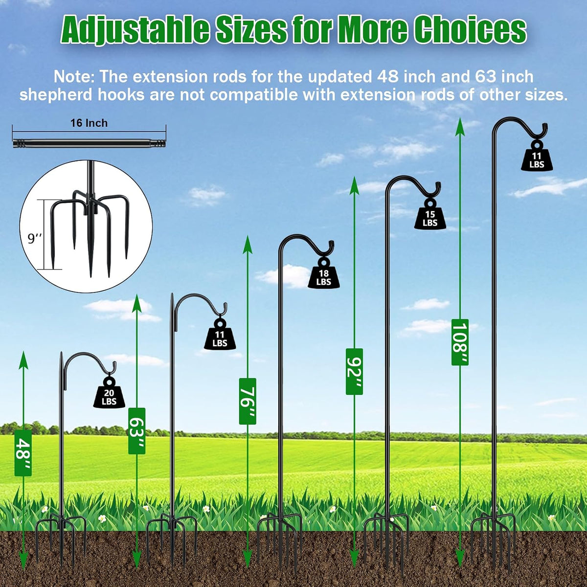 76'' Bird Feeder Pole, Heavy Duty Shepherds Hooks for Outdoor with 7-Prong Base, Adjustable Shepherds Hook for