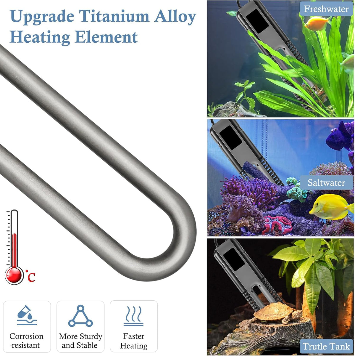 600W 800W Titanium Aquarium Heater with Digital Controller, Submersible Aquarium Heater with Overheating Protection