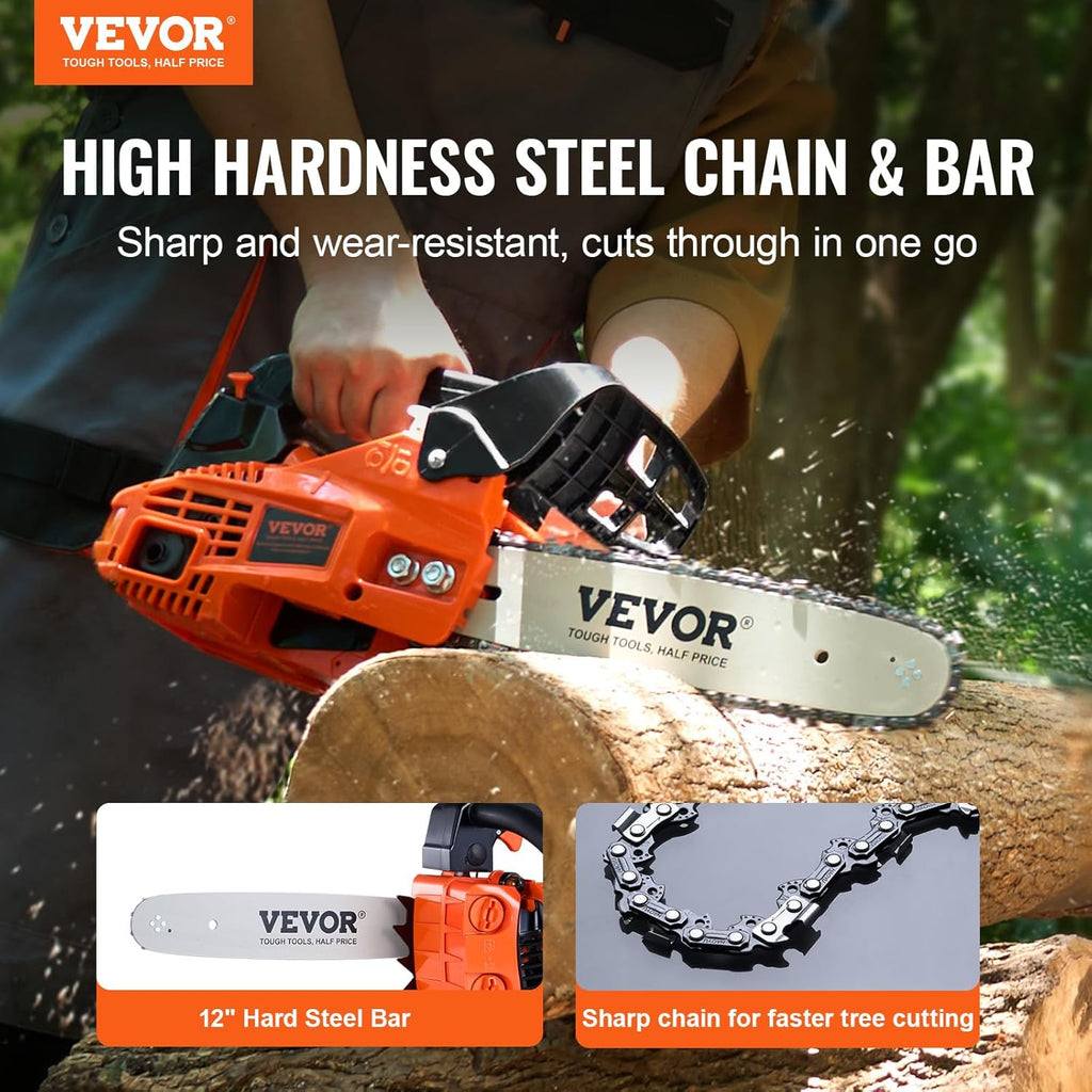 25.4 CC 2-Cycle Top Handle Gas Powered Chainsaw 12 Inch Petrol Handheld Cordless Chain Saw for Tree Wood Cutting
