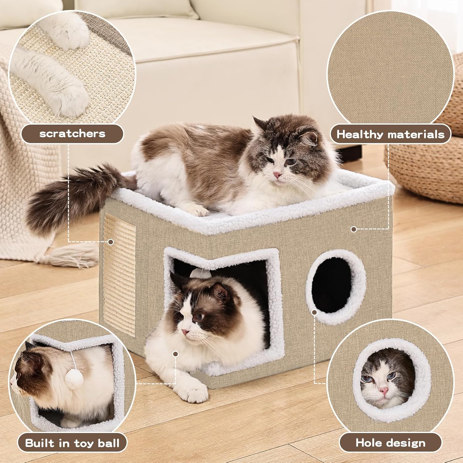 Cat Beds for Indoor Cats Houses, Large Cat Cave with Fluffy Ball and Scratch Pad, Foldable Cat House with Hideaway