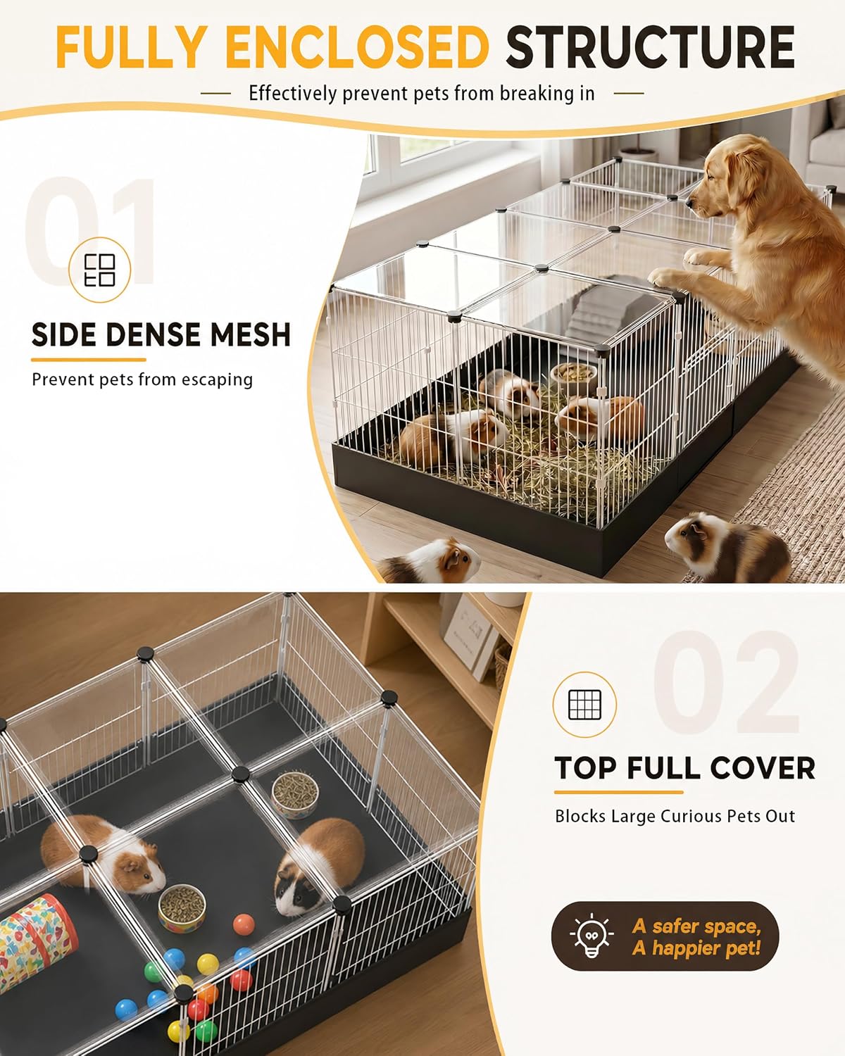 20 Panels Guinea Pig Cages with Waterproof Liner, 48" x 24" x 16" Enclosed Rabbit Cage, Expandable Small Animal Plaype