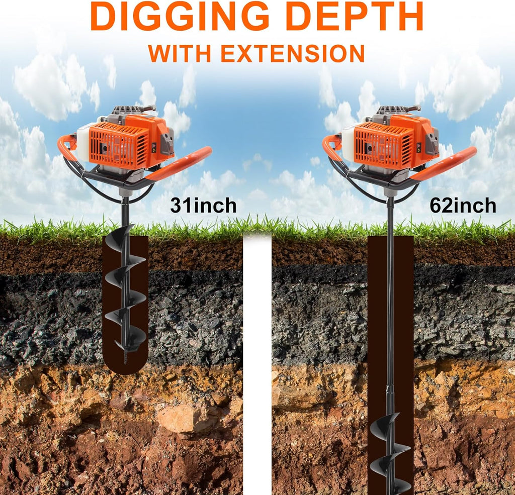 72CC Post Hole Digger Gas Powered, 2 Stroke Auger with 4&6&12 Inch Bits | LightWeight Powerful. Easy start