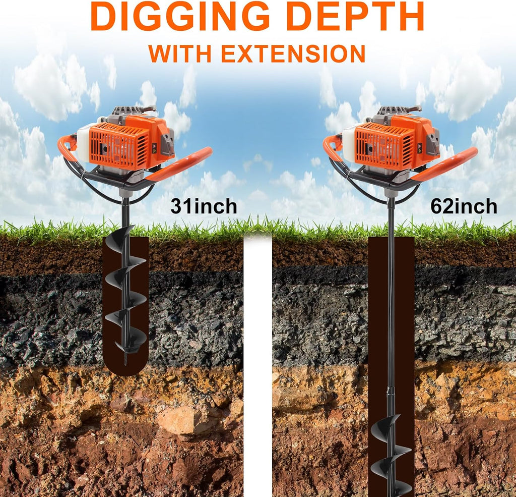 72CC Gas Powered Post Hole Digger with 3 Drill Bits (4", 6", 12") & 2 Ext | 2-Stroke Earth Auger, LightWeight