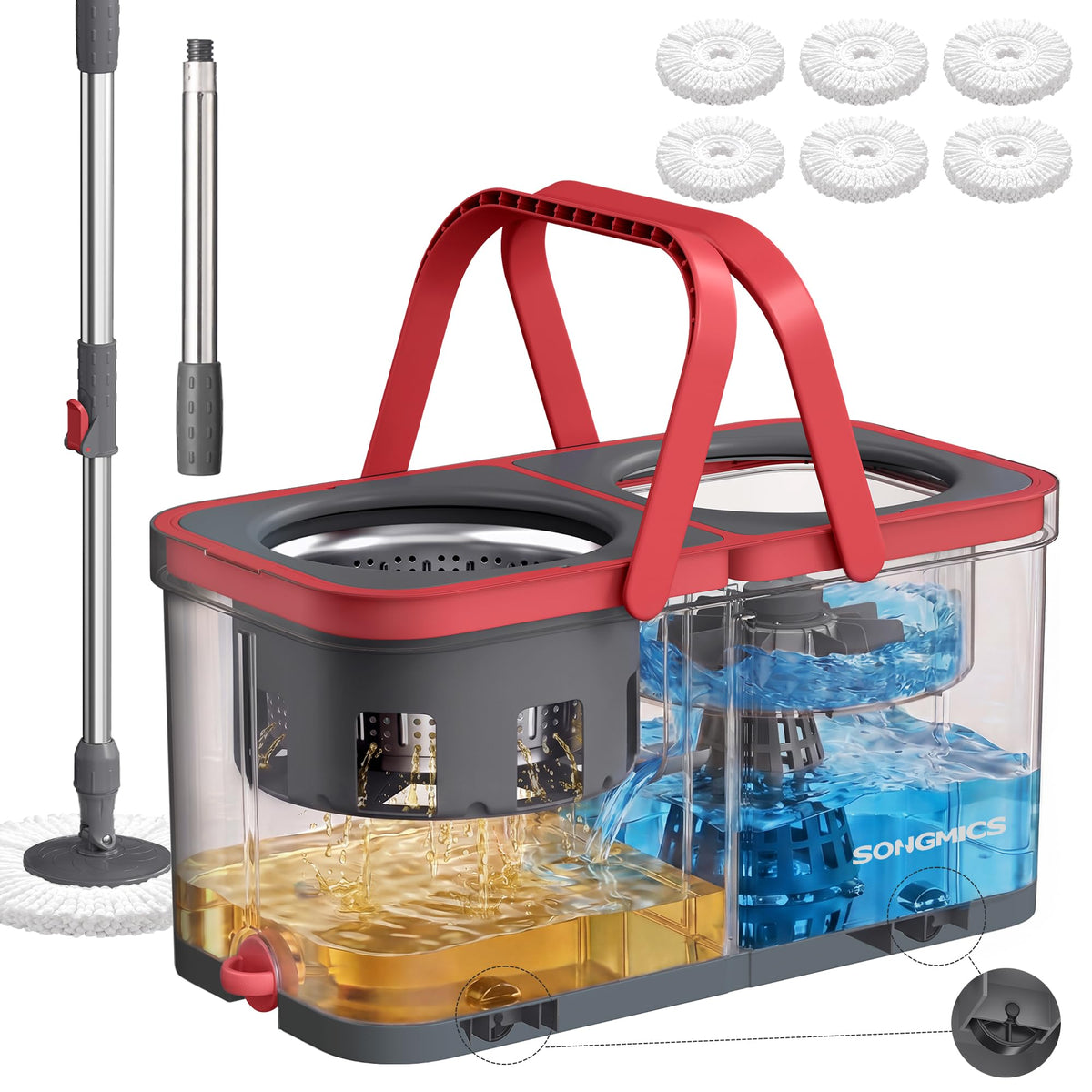 Spin Mop and Bucket Set, 6 Washable Microfiber Mop Heads, Wheels
