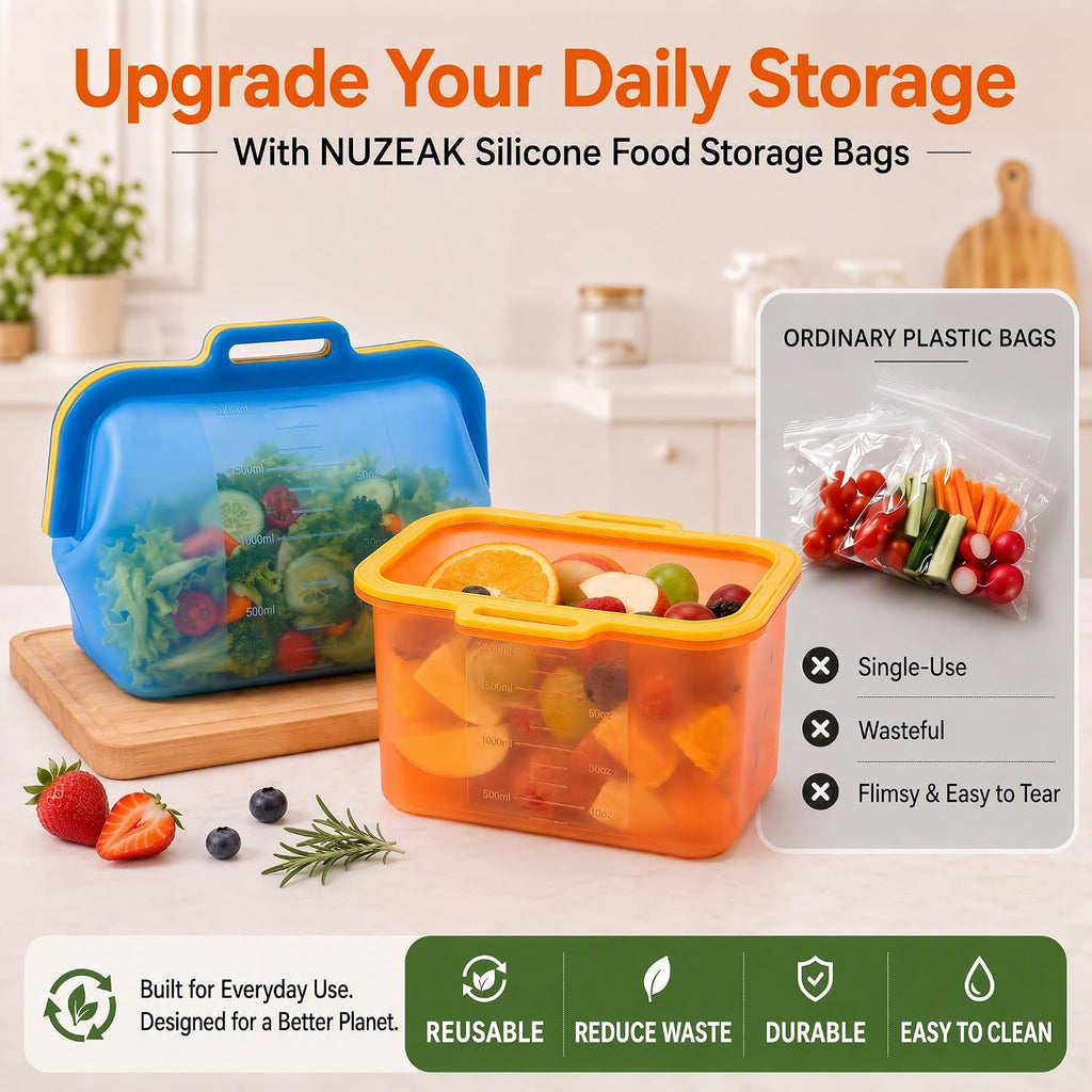 Magnetic Fast Seal Reusable Silicone Food Storage Bag, 68 oz, NUZEAK