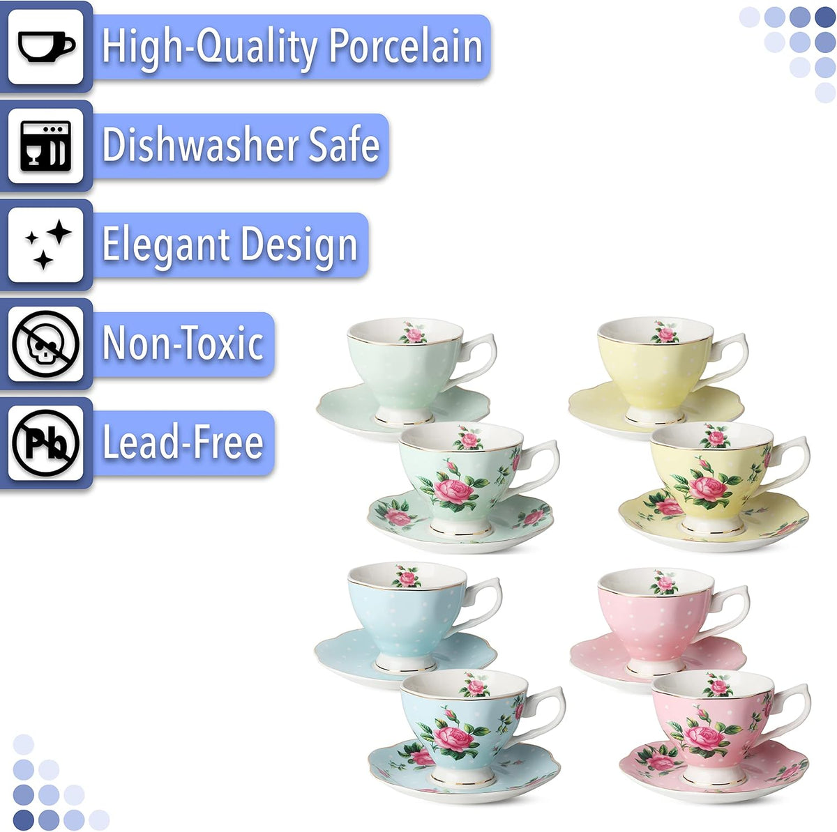 BTaT- Floral Tea Cups and Saucers, Set of 8, 8 oz