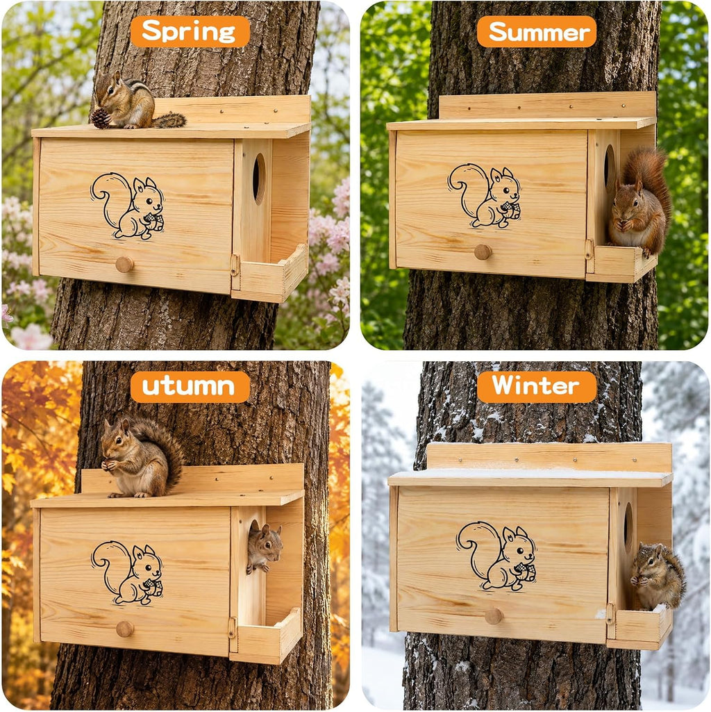2-in-1 Squirrel House with External Feeder, Carbonized Pine Wood