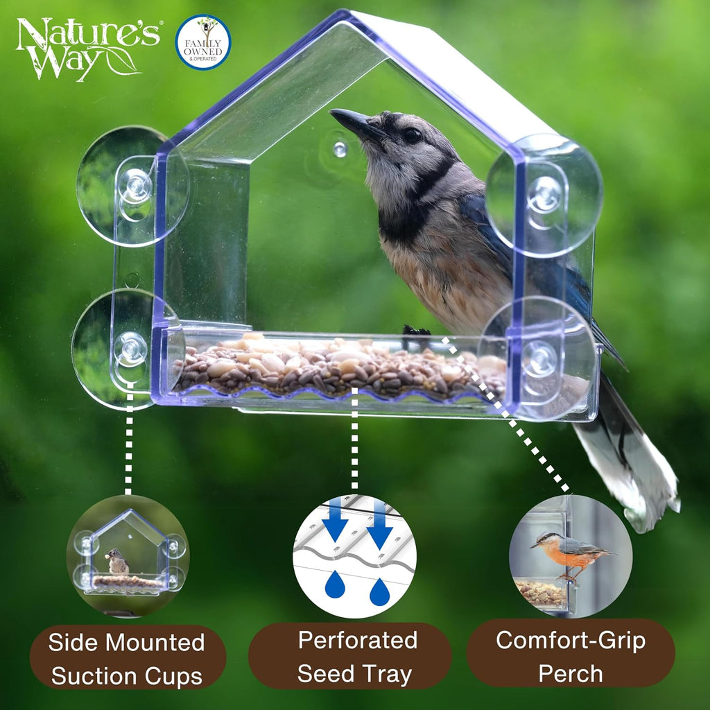 Nature’s Way Crystal Window Seed Feeder with 4 Secure Suction Cup Mount, Clear 2-Cup Capacity Hanging Bird Feeder for