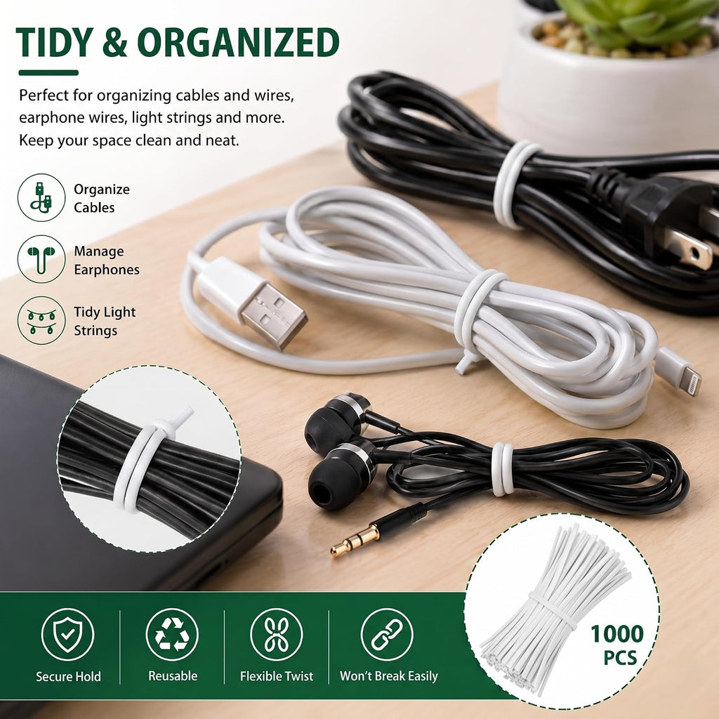 1000pcs 4 Inch Twist Ties - Reusable White Plastic Coated Cable Wire Ties for Bags, Bread,Household and Office