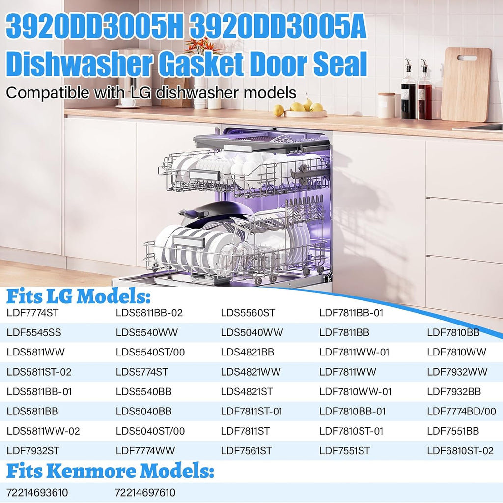UPGRADED 3920DD3005H Dishwasher Gasket Door Seal Compatible with LG Kenmore Dishwasher Replacement Parts 3920DD3005A 3920DD3005D LDF7774ST LDF5545SS LDF7811BB LG Dishwasher Tub Gasket Rubber Door Seal
