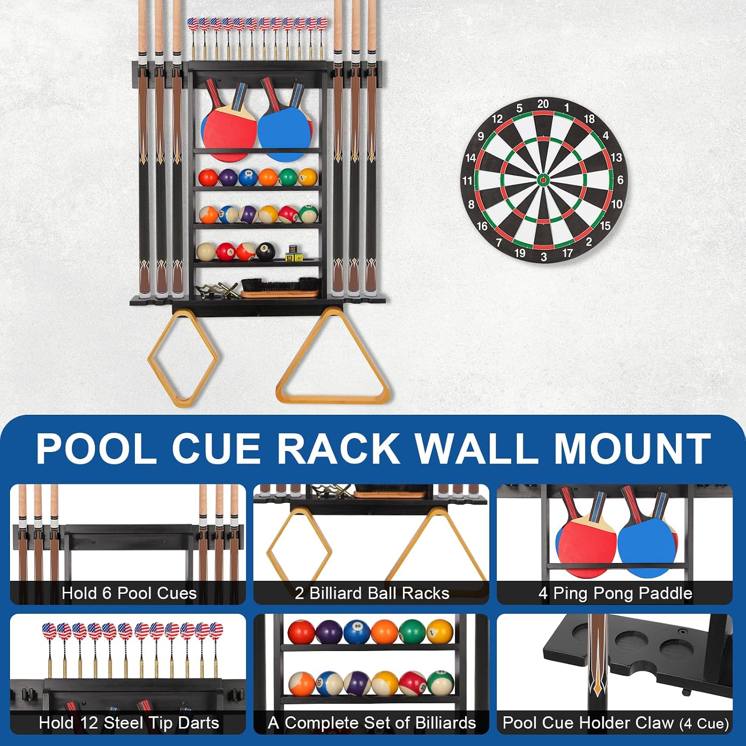 Pool Stick Holder Wall Mount, Pool Cue Rack, Ping Pong Paddle Holder, Dart Holder 3-IN-1,100% Solid Wood Billiard Cue