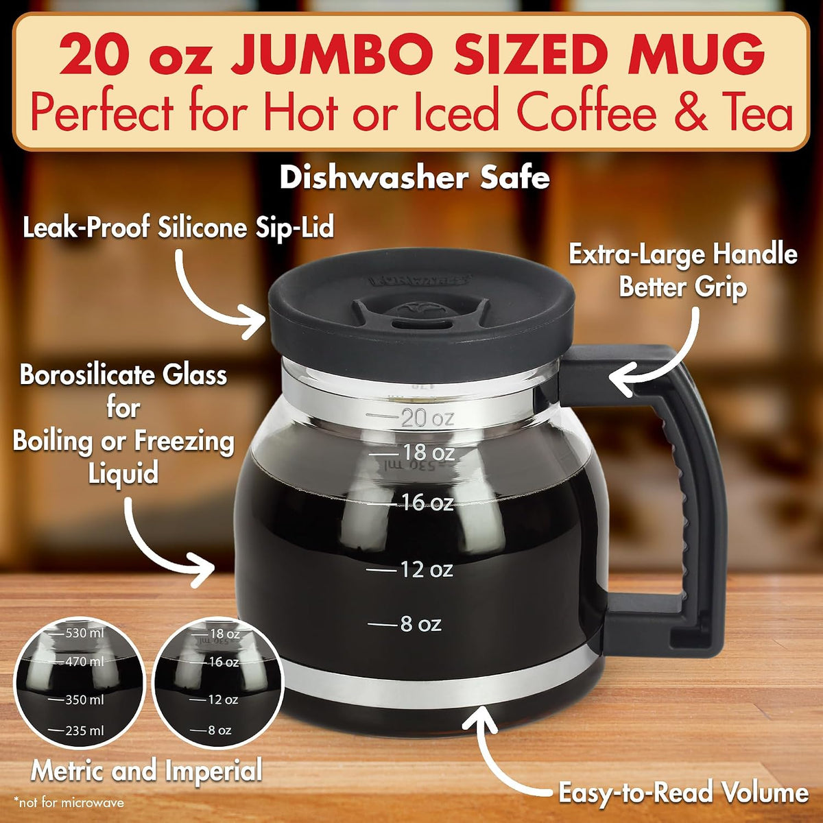 Cupa Joe Coffee Mug, 20 oz Diner-Style Glass Pot, Spill-Proof Lid