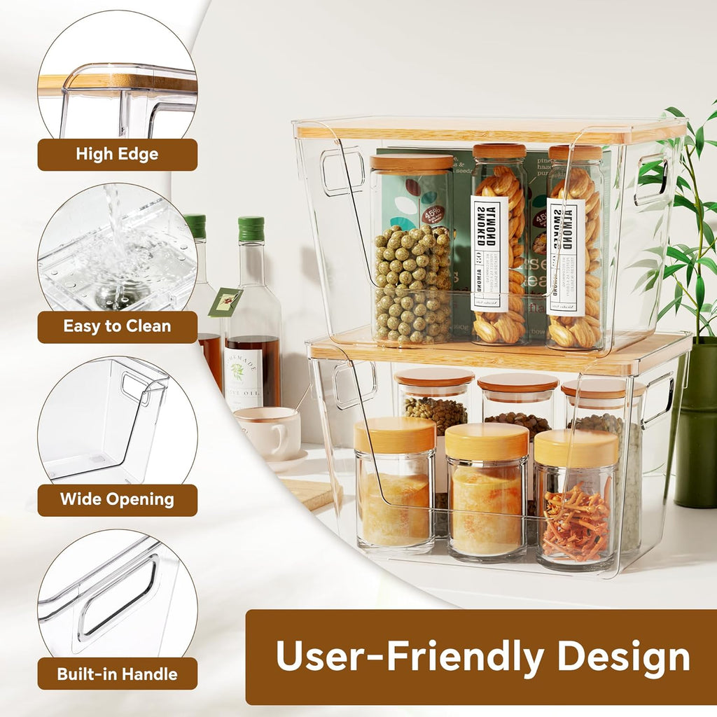 2 Set Pantry Organizers and Storage with Bamboo Lids, Stackable Clear Bins for Onion, Potato, Fruit, Vegetables