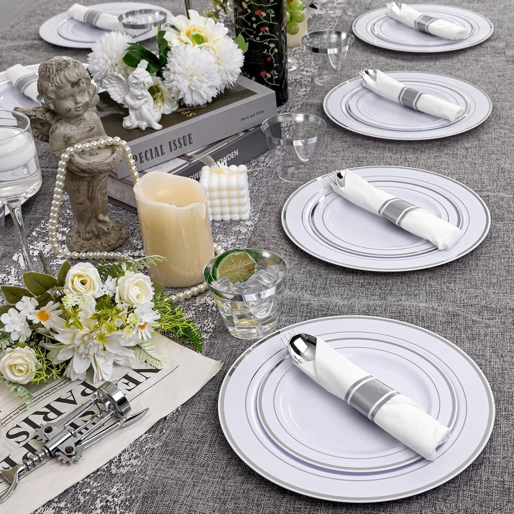 350-Piece Silver Plastic Dinnerware Set - Disposable 10.25" Dinner Plates, 7.5" Dessert Plates, 9oz Silver Rim Cups &