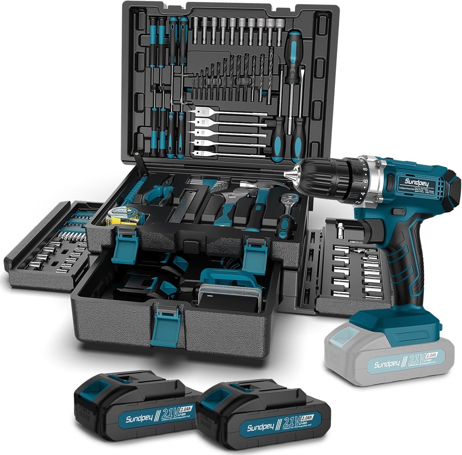 Tool Kit with 21V Cordless Drill - Sundpey 255-PCs Portable Complete General Basic Home and Auto Repair Tool Set with