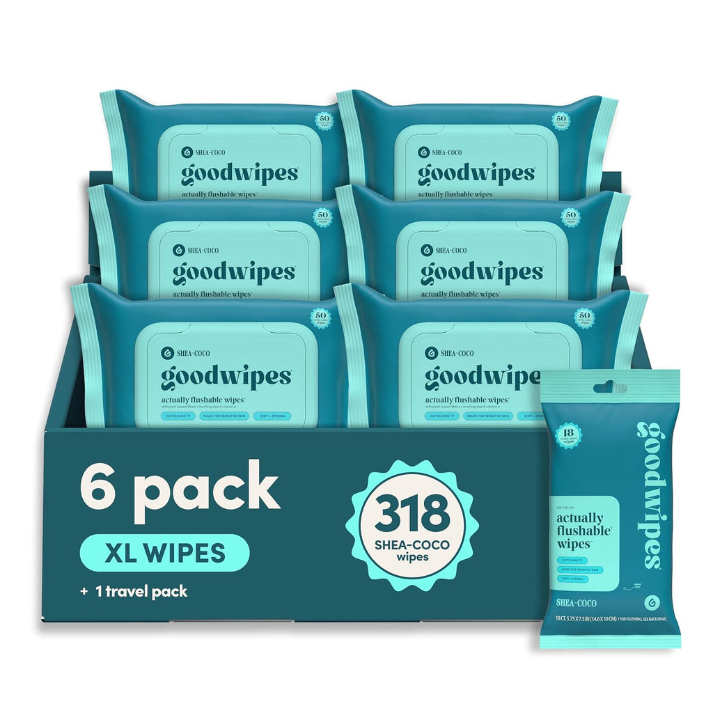 Flushable Wipes - Shea-Coco, 318 Wipes (6 Pack + 1 Travel Size)