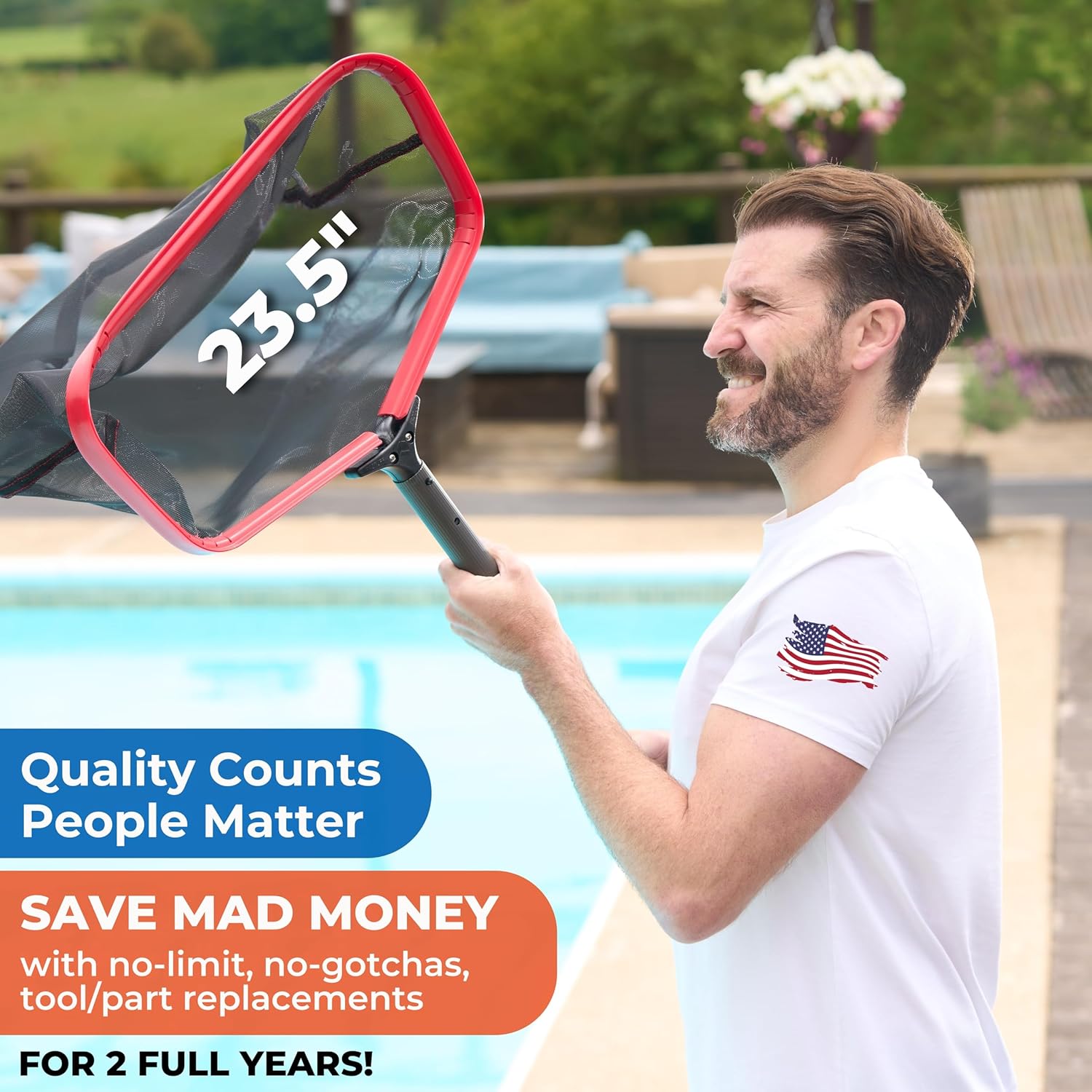 ProTuff 23.5in Wide Pool Leaf Rake Skimmer Net, Deep Pocket Bag