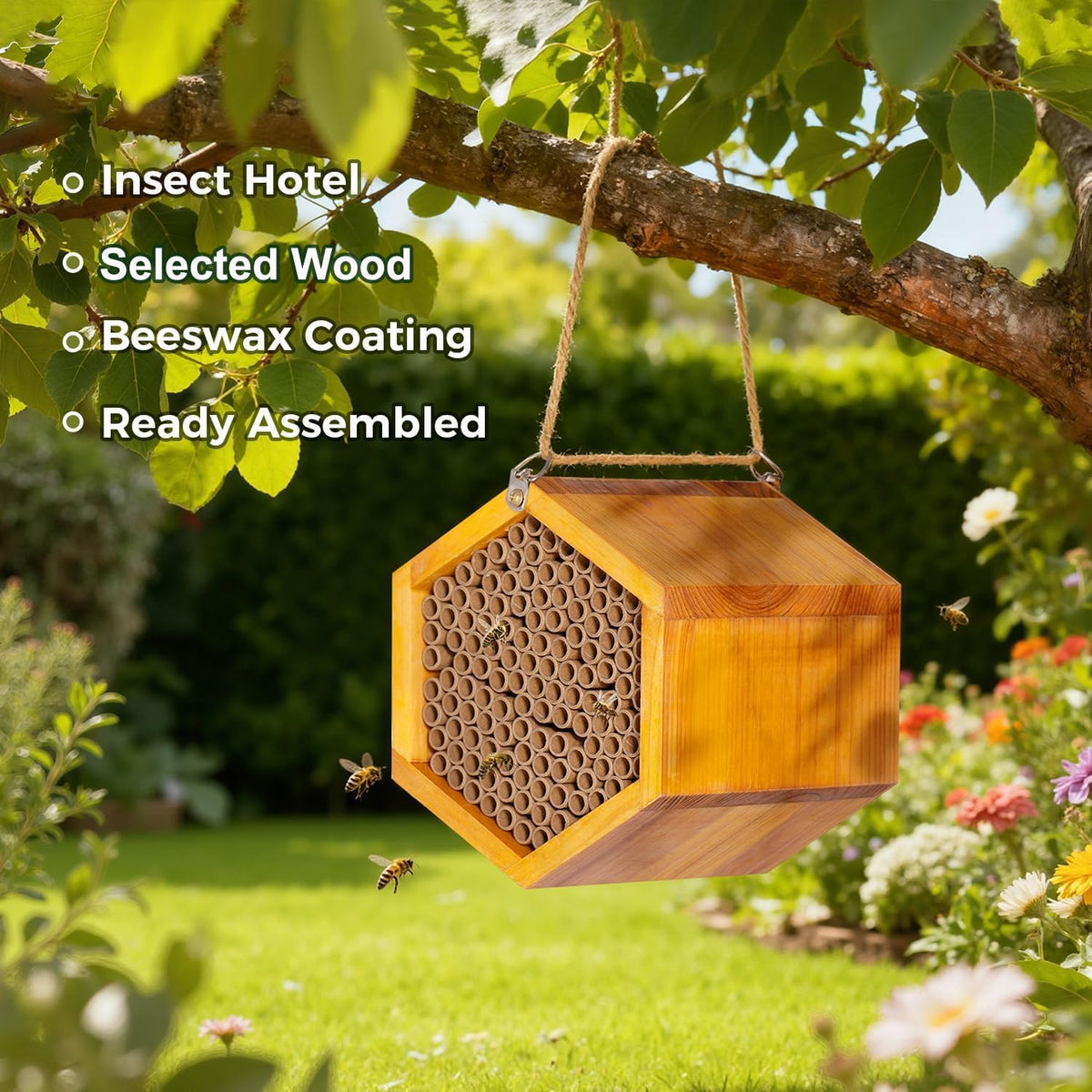 Mason Bee House - Handmade Natural Wooden Bee Hive Coated with Wax for Water-Proof and Long Service Life - Attracts