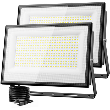 2 Pack 300W LED Flood Light Outdoor, Super Bright Outside Floodlights with Plug, IP66 Waterproof 6500K Daylight White