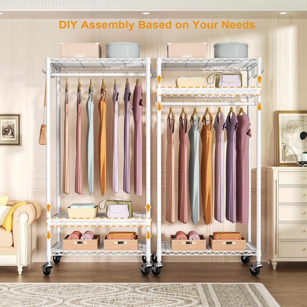 Rolling Clothes Rack, Clothing Racks for Hanging Clothes, White