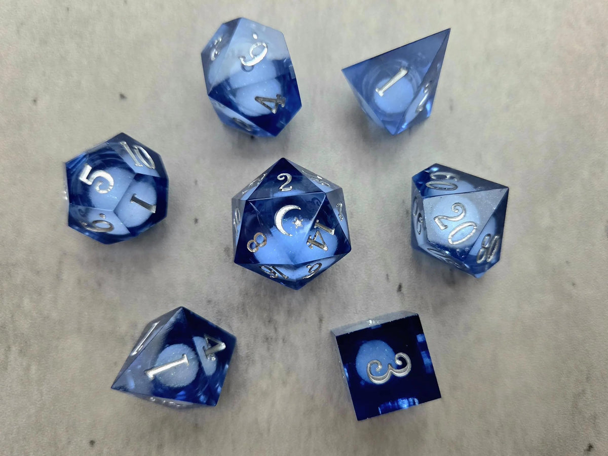Moon Liquid Core Sharp Edge Crystal Dice Set Polyhedral RPG Tabletop Dice