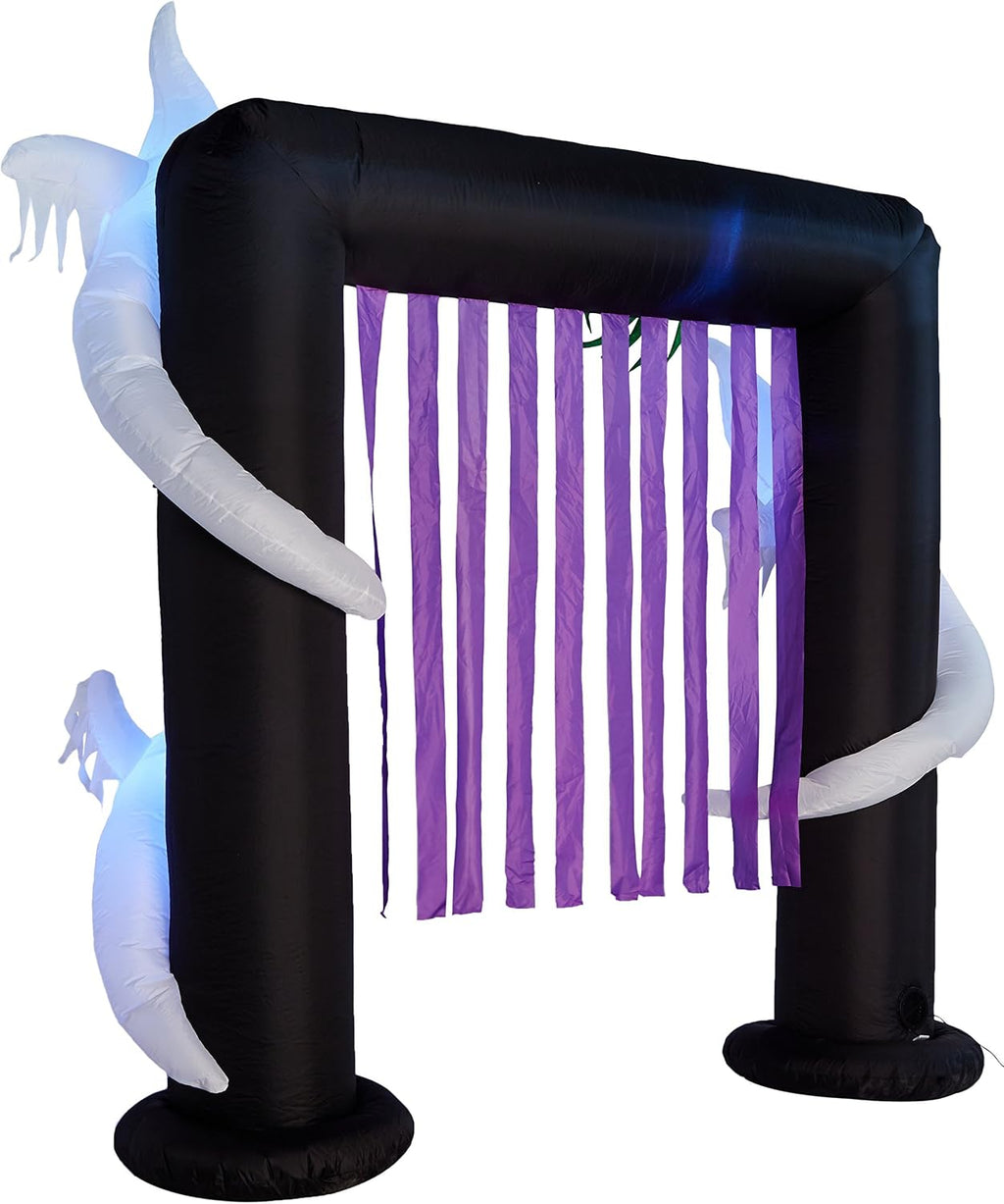 8 FT Illuminated Halloween Inflatable Ghosts and Spider Archway | Purple Streamers, Outdoor Indoor, Blow Up Lighted