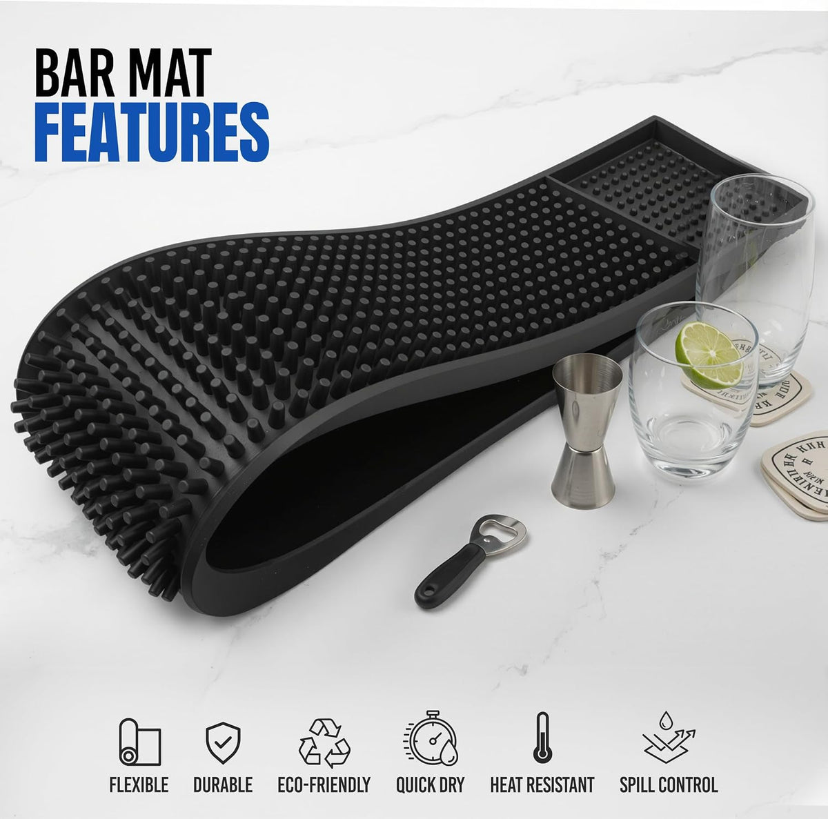 Non-Slip Rubber Bar Mats 24"x3" - Spill Mat for Bartending, Pack of 2