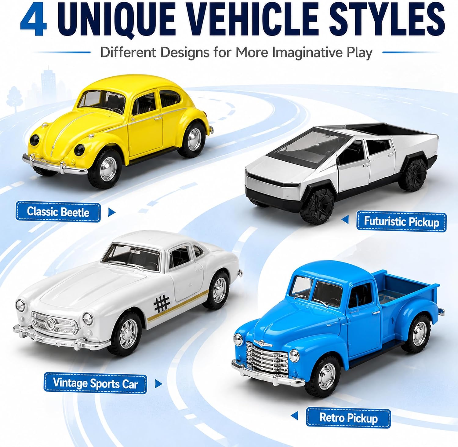 1:32 Die Cast Pull Back Truck Toys for Kids, Alloy Toy Cars with Openable Doors, Road Signs & Map Playset, Birthday