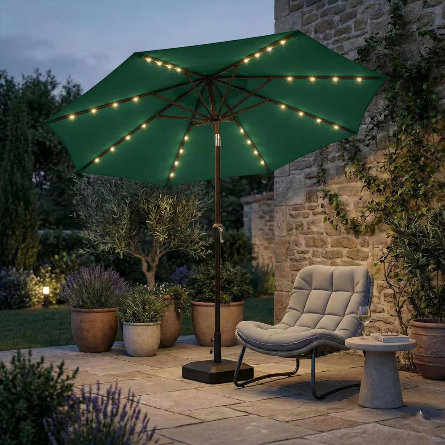 10FT Outdoor Patio Umbrella with Solar Lights, Market Table Umbrella with Push Button Tilt & Crank, 8 Sturdy Ribs, 32