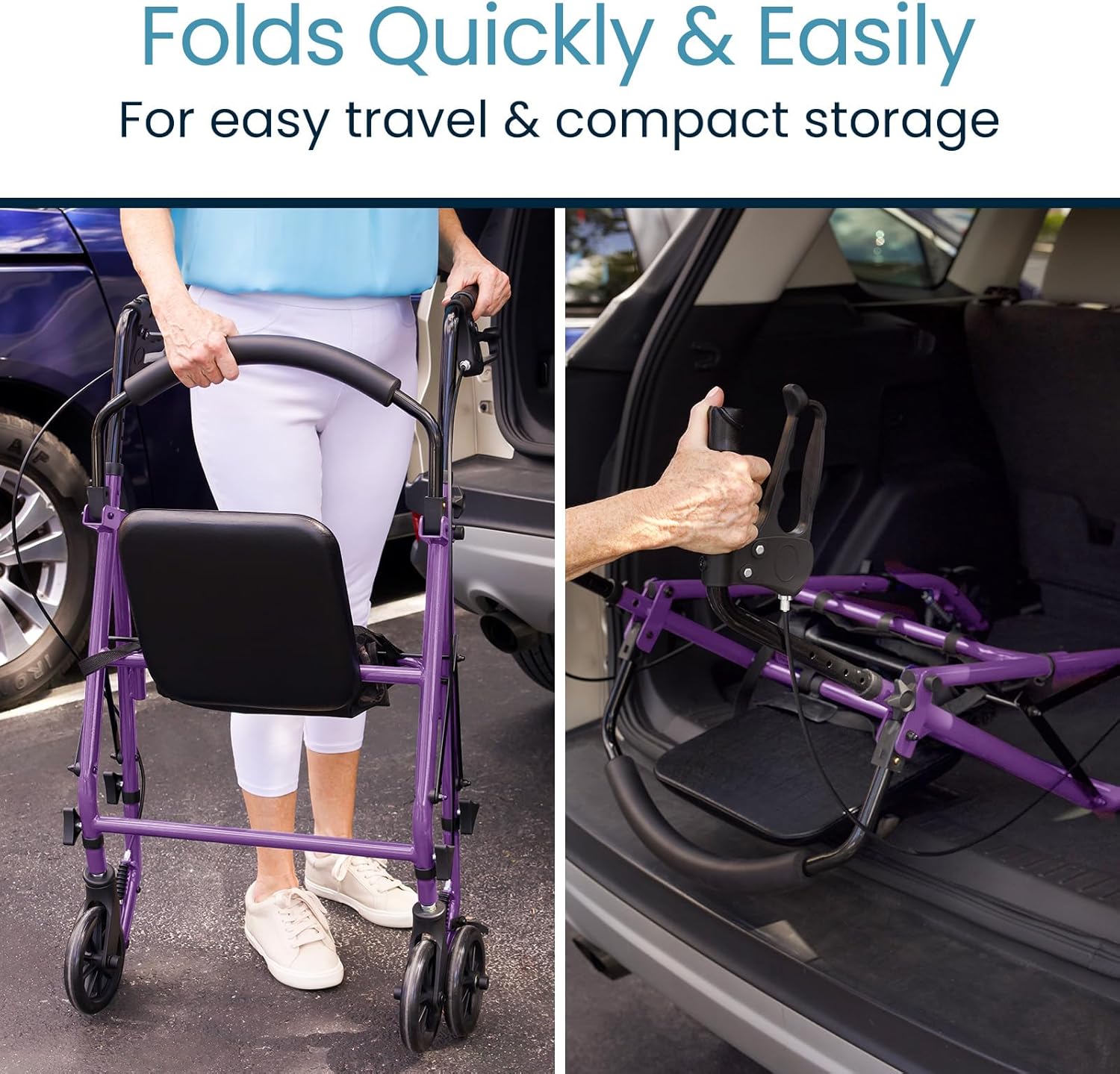 Steel Rollator Walker with Seat - Foldable, Narrow, Rolling Senior Walker for Small Spaces - 4 Wheel Lightweight