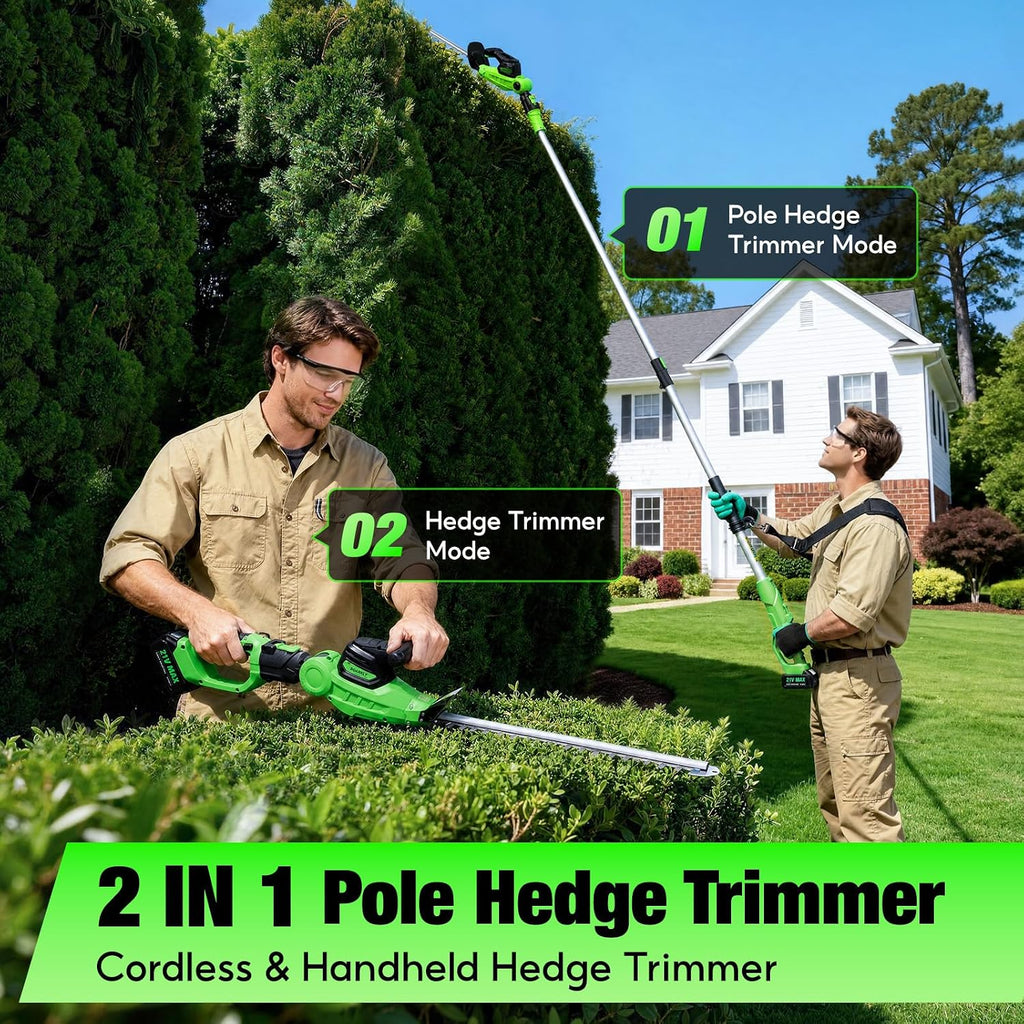 2 in 1 Pole Hedge Trimmer Cordless & Handheld Hedge Trimmer with 2 Pcs 4.0Ah Battery & Charger, 20V Electric Hedge